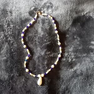 Faux Pearl necklace with blue beads and gold tone
